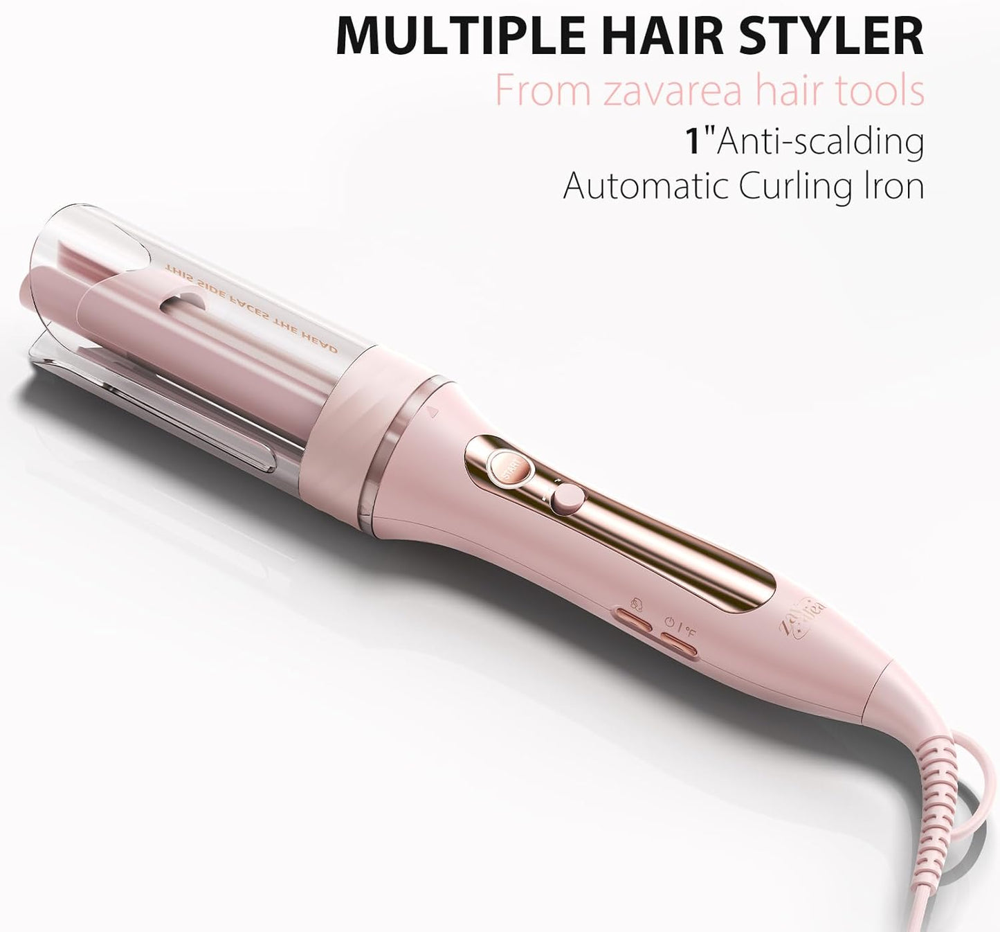 Zavarea Automatic Curling Iron, 1 Inch Hair Curler with 5 Temperatures, 3-Ways Rotation & 3-Styling Modes, Anti-Scald & Tangle-Free Self Rotating Curling Wand, Makes Hair Smoother & Shiner (Pink)