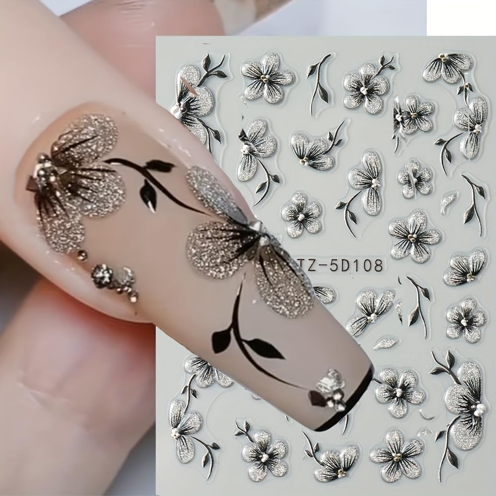 6 Sheets Flowers Nail Art Stickers Decals 5D Self-Adhesive Spring Colorful Embossed Floral Nails Decals Designs DIY Flowers Nail Stickers Supplies for Women Nail Art Manicure Decoration Accessories