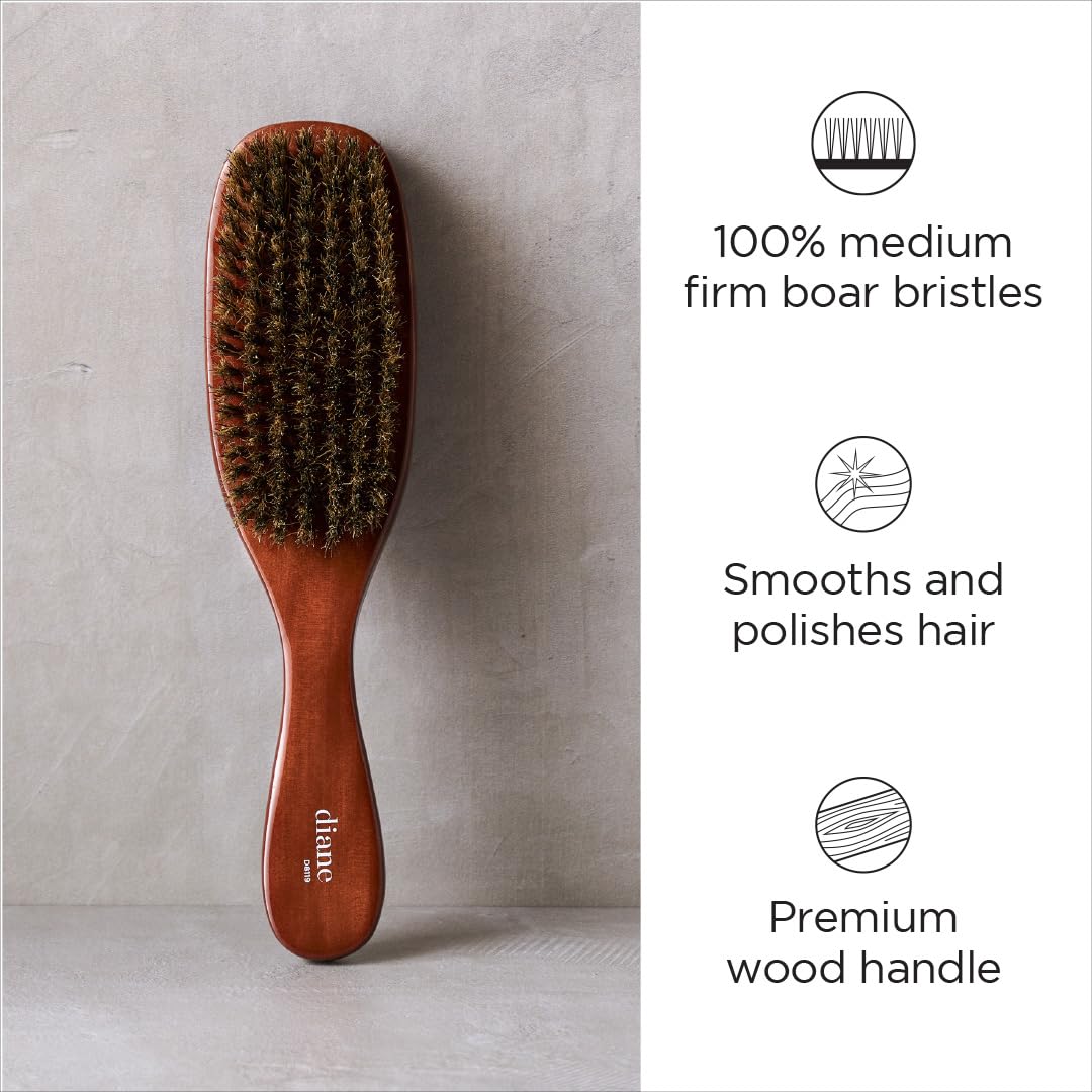 Diane Premium 100% Boar Bristle 7 Row Wave Brush for Men and Barbers, Medium-Firm Bristles for Thick Coarse Hair, Detangling, Smoothing