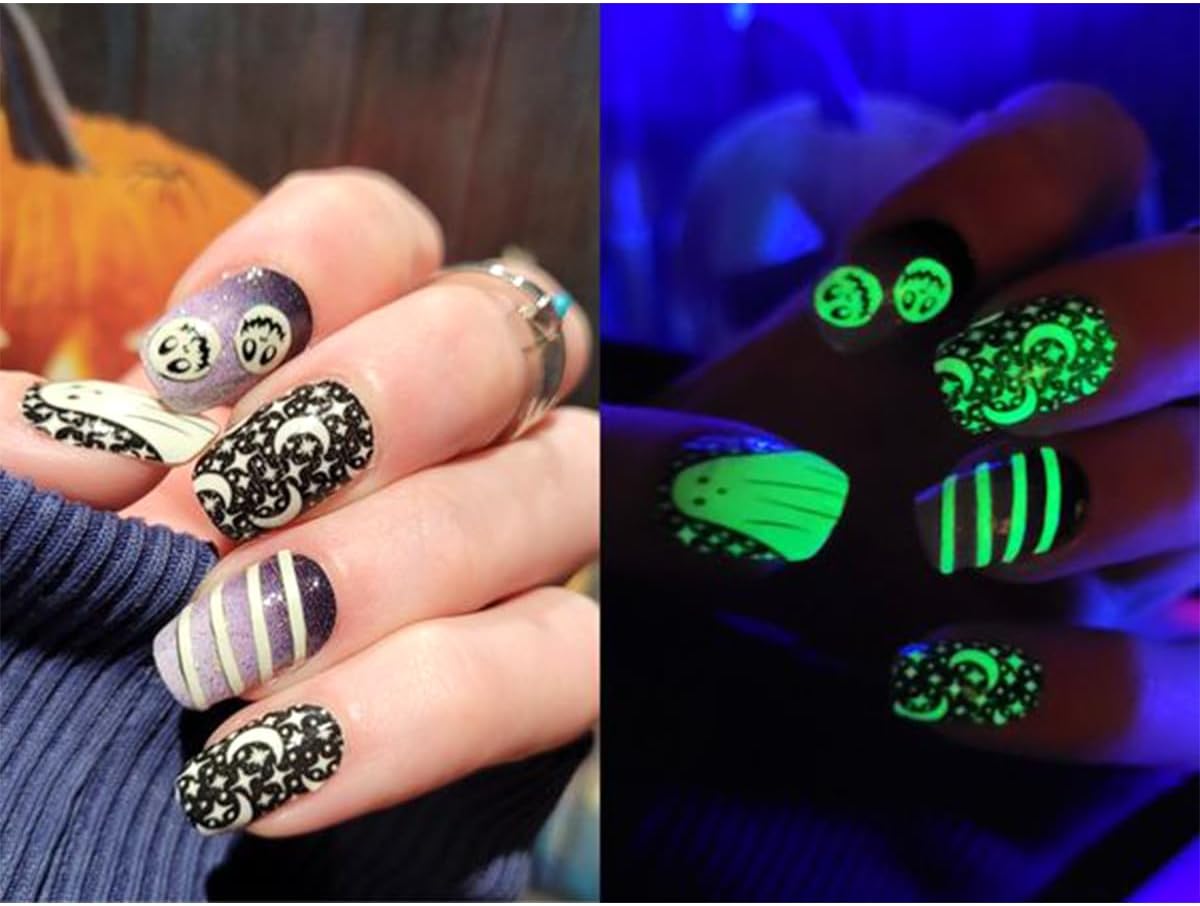 4 Sheets Halloween Nail Art Stickers Luminous Halloween Nail Stickers Glow in Dark Nail Art Design White Spooky Nail Decoration Cute Ghost Bat Spider Nail Decals for Women Girls Holiday DIY