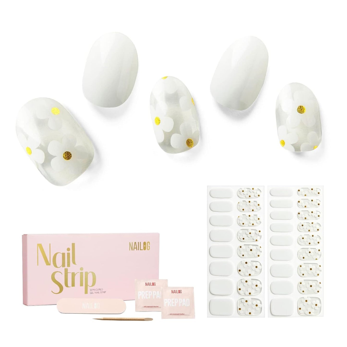 Nailog Semi Cured Gel Nail Strips 34 pcs | Long Lasting Nail Polish Sticker Wraps with Glossy Gel Finish | White Petals