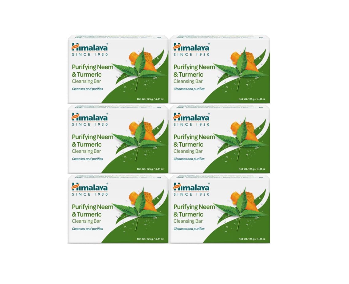 Himalaya Purifying Neem & Turmeric Cleansing Bar for Clean and Healthy Looking Skin, Free from Parabens, SLS and Phthalates, Gluten Free, Vegan, 125 g (4.41 oz), 6 Pack