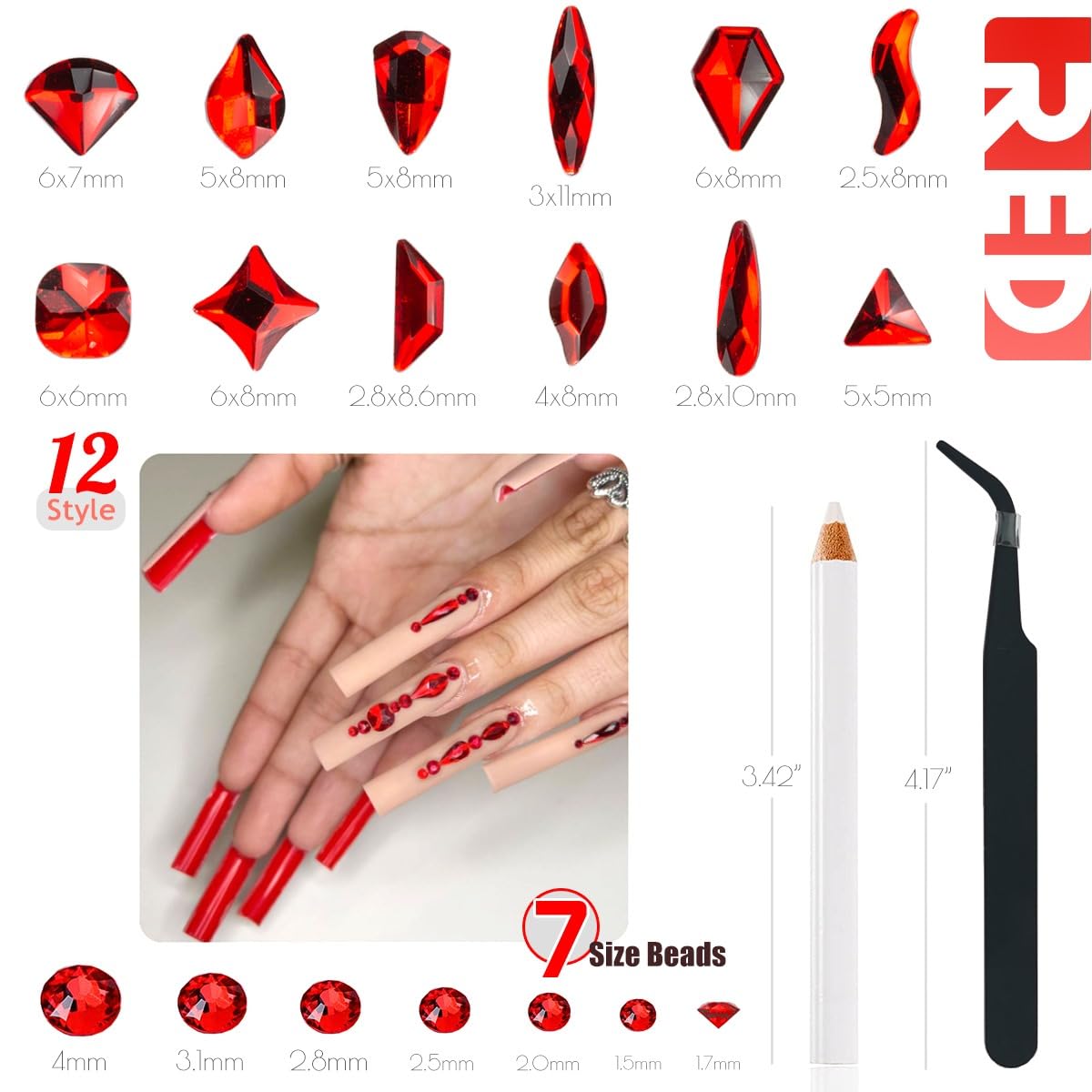 4080Pcs Red Nail Rhinestones Multi Shapes Ruby Rhinestones for Nails 1.5-4mm Crystal Gems Siam Red Round Flatback Beads Glass Stones Diamonds jewels Charms for Nails Face Eyes Makeup DIY Crafts