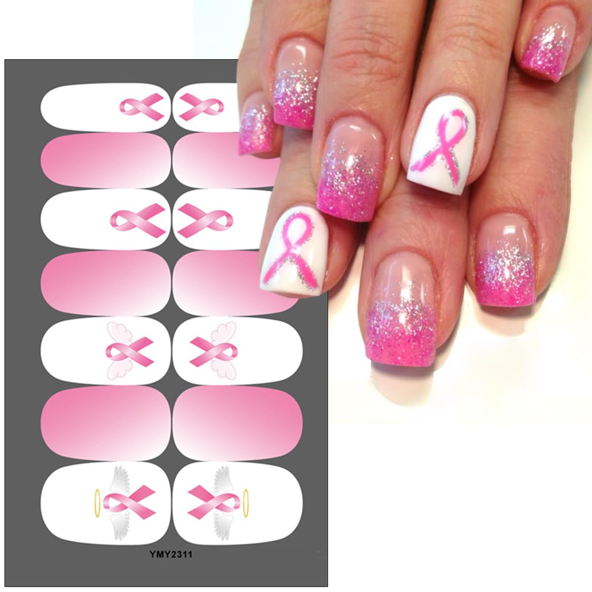 6Sheets Breast Cancer Gel Nail Stickers Pink Ribbon Polish Strips Self-Adhesive Awareness Full Wraps Decals Gradient Pink Butterfly Strips for Women DIY Manicure