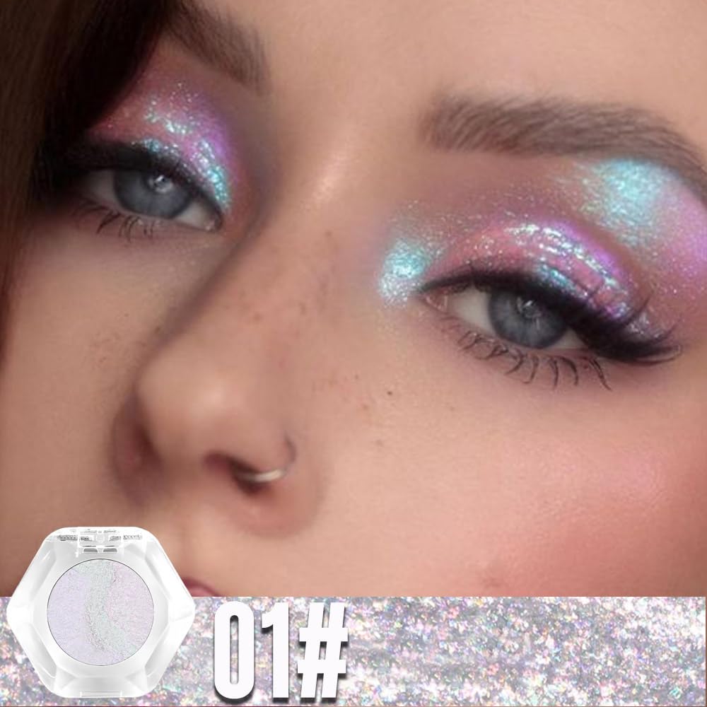 evpct Pearl White Glitter Holographic Iridescent Sparkly Eyeshadow Palette Makeup, White Pink Shimmer Glitter Loose Powder Single Eyeshadow Palette, Chameleon Multichrome Eye shadow Makeup Highlighter