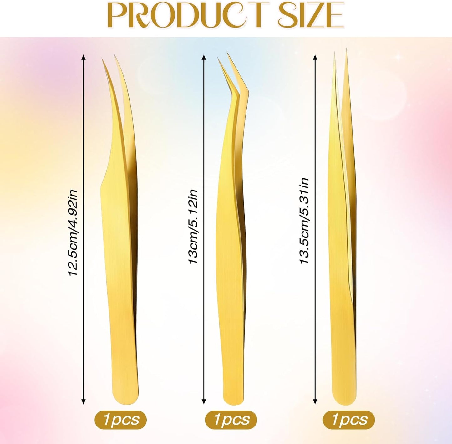 3 PCS Lash Tweezers for Eyelash Extensions, High Precision Gold Metal Tweezers Set Fiber Tip and Curved Isolation Tweezers Eyelash Extension Tools for Women Volume Lash, Crafting, Jewelry Making
