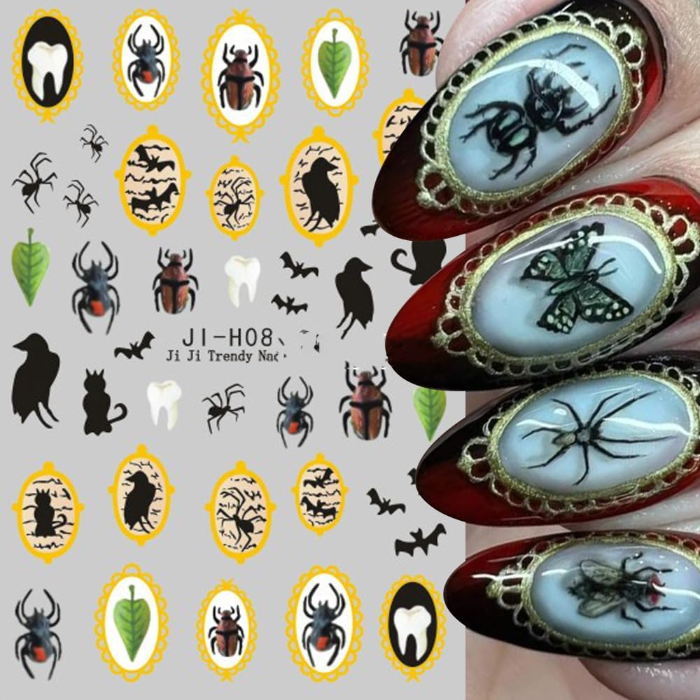Halloween Nails Stickers Cute Ghost Nails Sticker 3D Embossed Gold Frame Self Adhesive Sticker Nail Decals Black Insects Bat Nail Art Decal Halloween Decals for Nail DIY Manicure 4Sheet