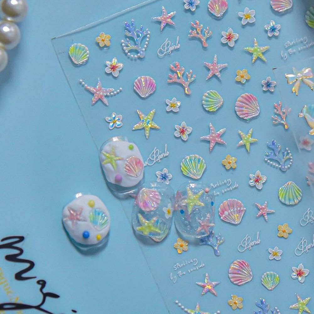 Starfish Nails Stickers Ocean Nail Art Decals Marine Organism with Design Summer Beach Nail Art Stickers for Women Girls Kid 5D Embossed Self Adhesive Manicure Supply Decoration