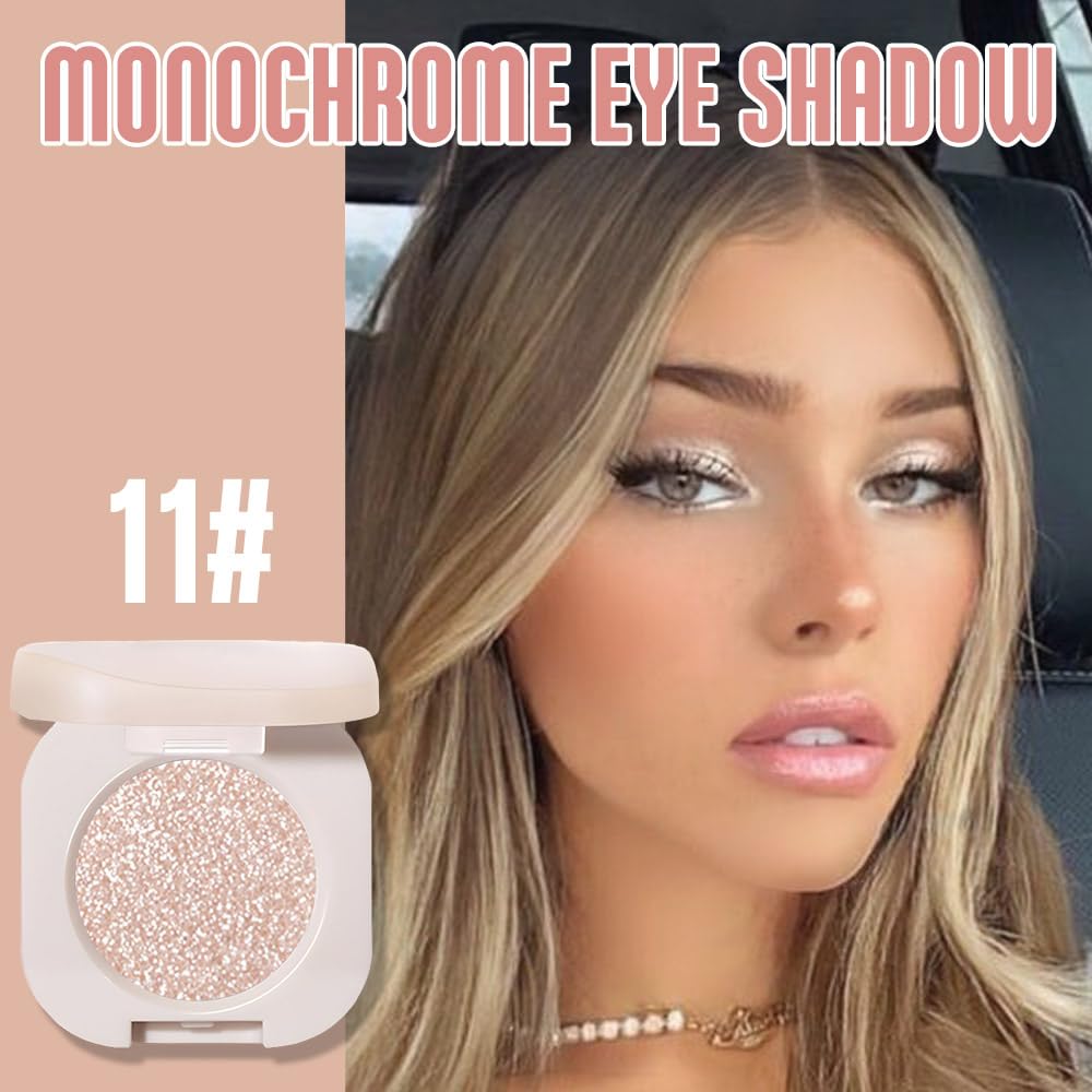 Monochrome Glittler Shimmer Eyeshadow Palette,Light Brown White Shimmer Powder Eyeshadow,24 Hour Waterproof Blendable Pressed Glitter Single Eye Shadow Apply Makeup Easily, Vegan