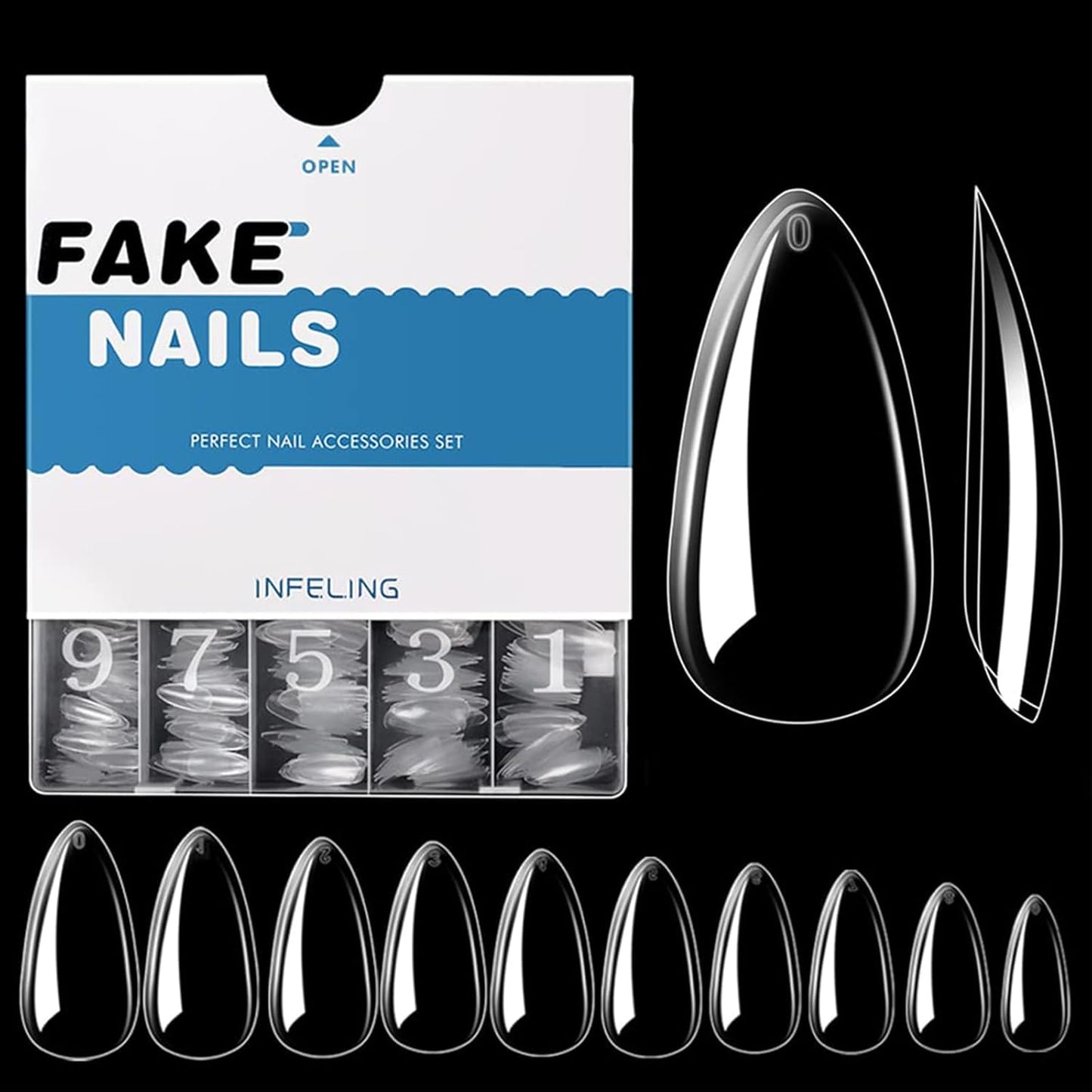 INFELING Almond Nail Tips - 500Pcs Almond Full Cover Nails for Acrylic Nails Professional, Clear Fake Nails with Box for Nail Salons and DIY Nail Art, 10 Size