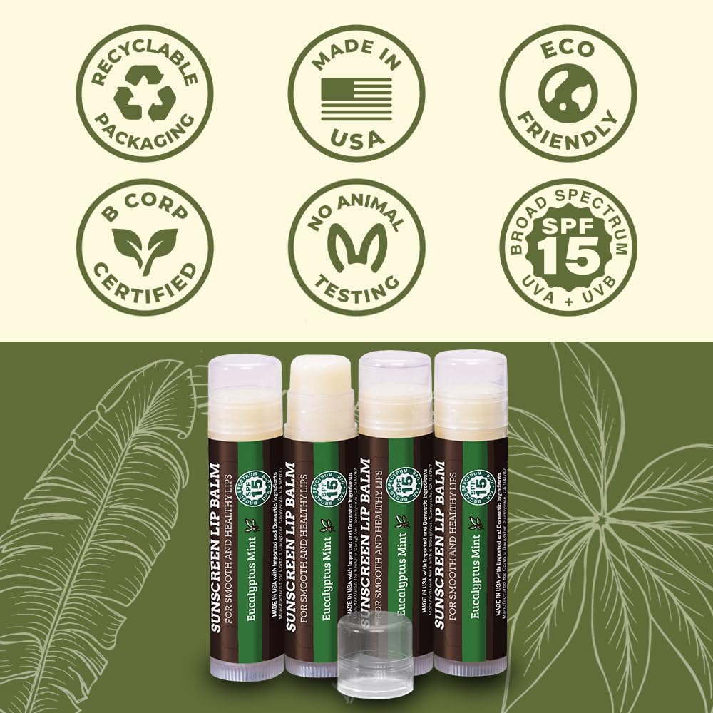 Earth's Daughter SPF Lip Balm Eucalyptus Mint 4-Pack - Lip Sunscreen, SPF 15, Organic Ingredients, Beeswax, Coconut Oil, Vitamin E - Hypoallergenic, Gluten Free