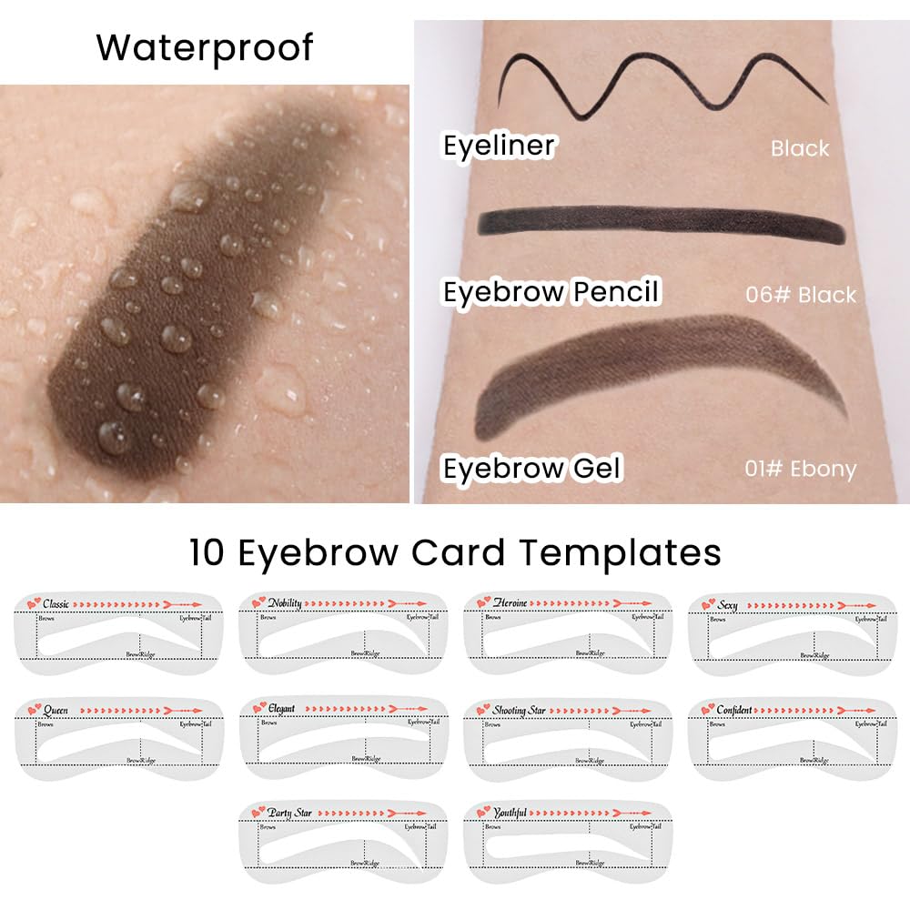 evpct Eyebrow Stencils Kit for Women Shaping, Eyebrow Shaper Makeup Kit, Eye Brow Stencil Shaper Tinting kits for Women, with Eyeliner, Eyebrows Pencil, Pomade, Brush and 10 Stencils, Kit-01# EBONY