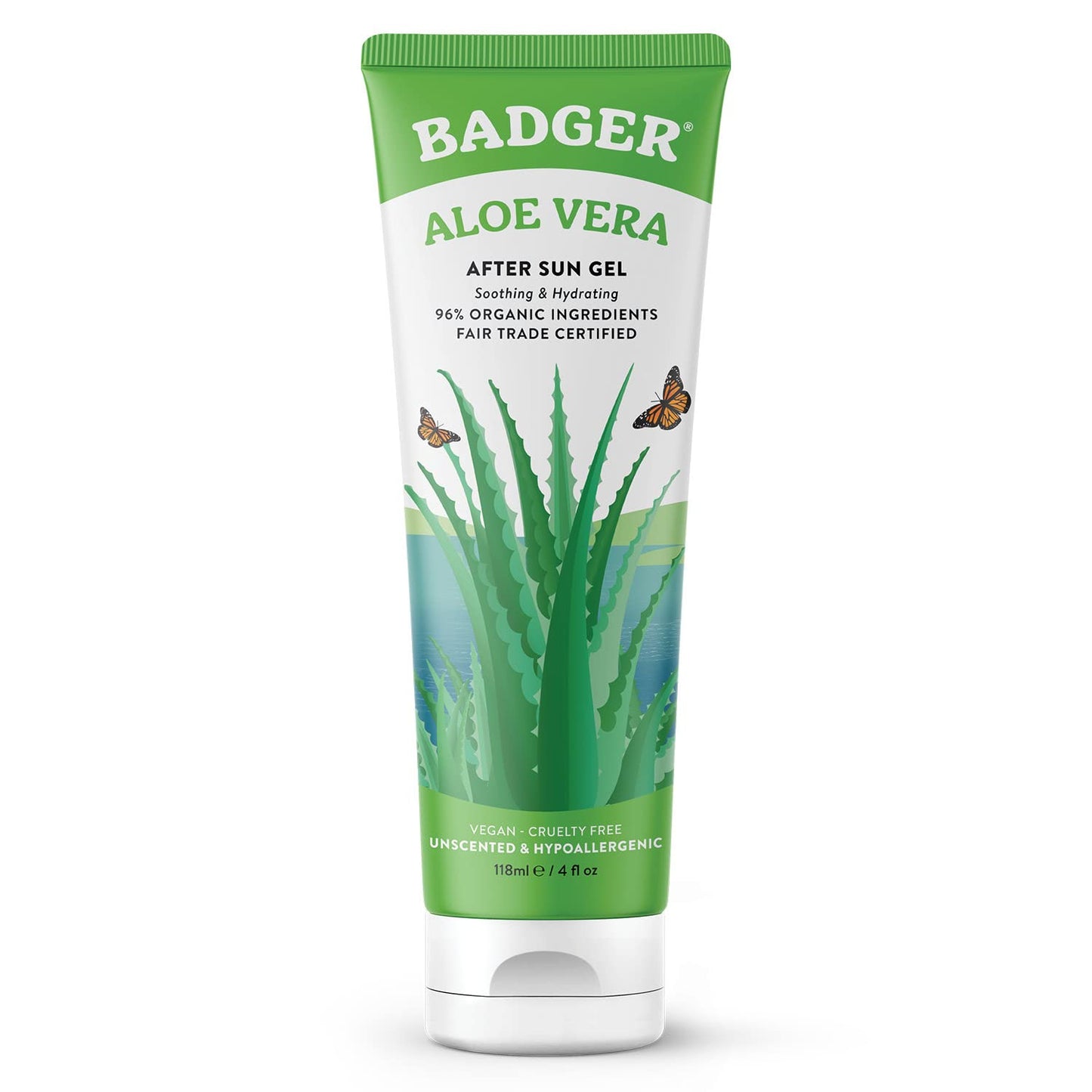 Badger Organic Aloe Vera Gel for Face & Body, 96% Pure Unscented Organic Aloe Gel for Cooling, Soothing, Non-Sticky Sunburn Relief, Vegan, Fair Trade & Hypoallergenic, 4 fl oz