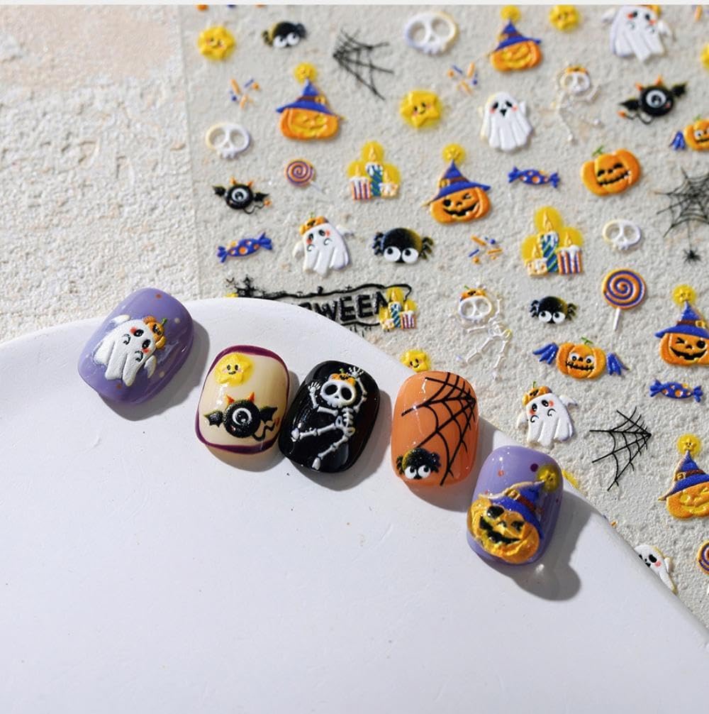 Halloween Nail Art Stickers Pumpkin Star Nail Decals Cute Ghost Nail Stickers with Design Skull Nails Art Decals 5D Embossed Self Adhesive for Women Girls Kid Manicure Charms DIY Decoration