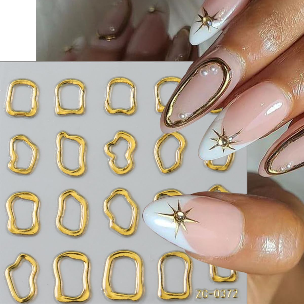 5D Embossed Gold Nail Art Stickers Crystal Soft Glue Irregular Geometric Coil Heart Nail Decals Self Adhesive Chrome Gold French Nail Stickers for Women DIY Nail Art Design Accessories 3 Sheets