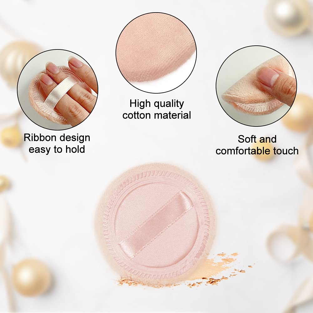 10pcs Powder Puff Cotton Cosmetic Face Makeup Powder Puffs Pads with Ribbon for Loose and Foundation 2.36 inch. (Beige)