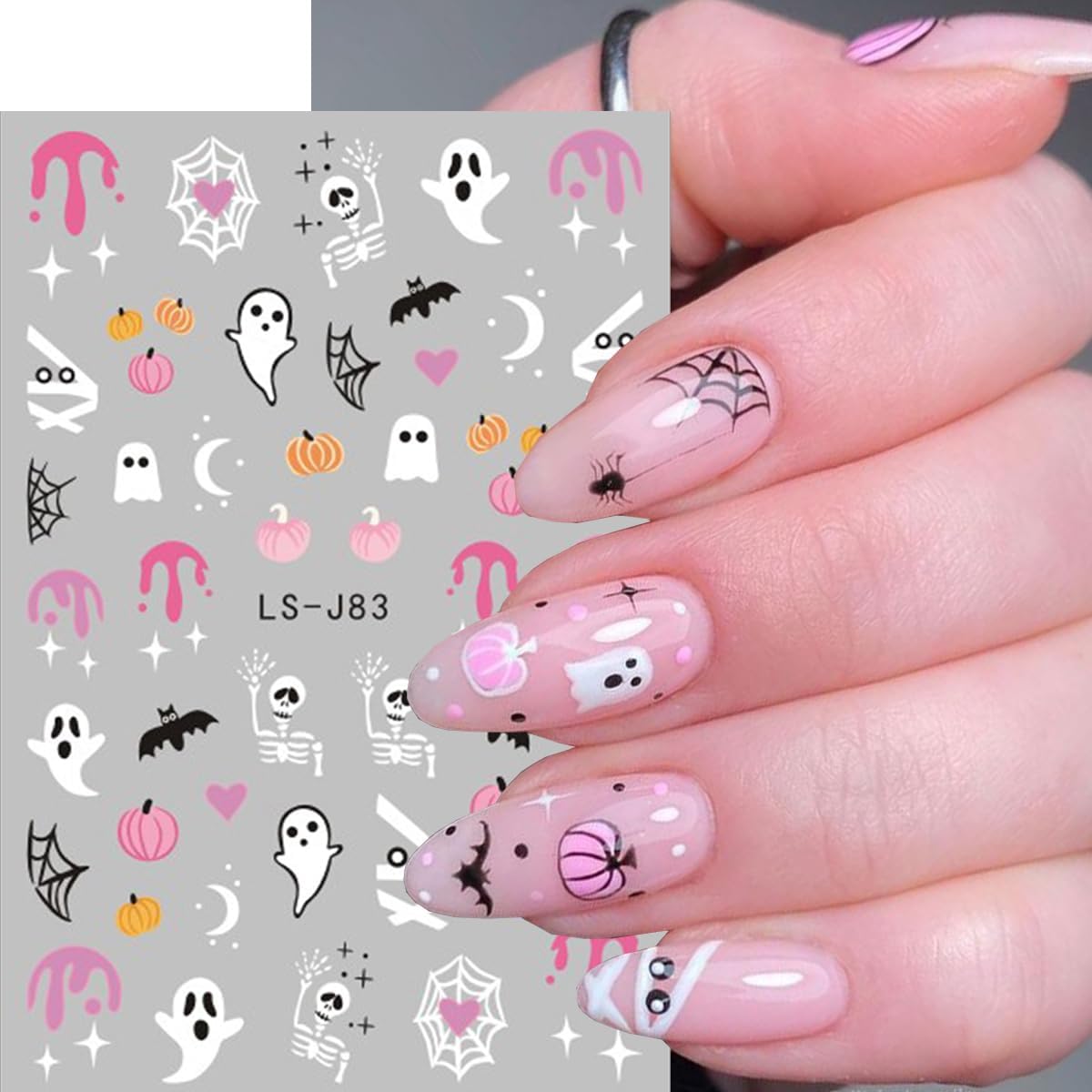 Halloween Nail Sticker Pumpkin Nail Decals Ghost Nail Art Stickers Bat Cat Spider Web Star Orange Pink Design Spooky Nail Stickers for Nail Art Holiday DIY Manicure Supplies for Women 6 Sheets
