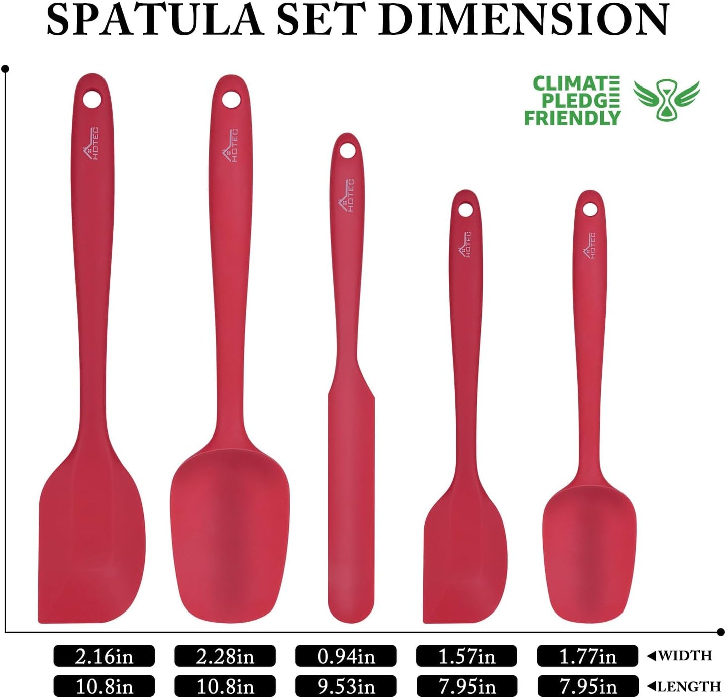 HOTEC Heat Resistant 600℉ BPA-Free Silicone Rubber Spatula Set, Kithchen Cooking Spatulas, Baking, Mixing, for Non Stick Cookware, Dishwasher Safe, Red Set of 5
