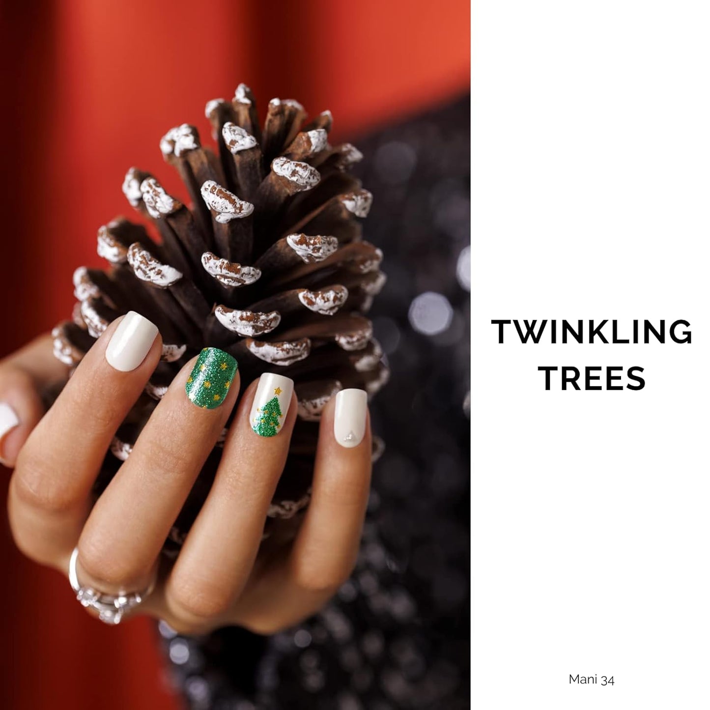 Nailog Semi Cured Gel Nail Strips 34 pcs| Long Lasting Nail Polish Sticker Wraps with Glossy Gel Finish, Twinkling Trees