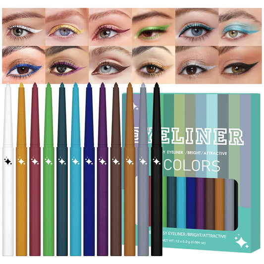 evpct 12Pcs Colored Glitter Shimmery Shimmer Gel Eyeliner Pencils Set for Women, Green Blue White Black Purple Eyeliner Waterline Waterproof lapiz de ojos delineador de ojos contra el agua eye Makeup