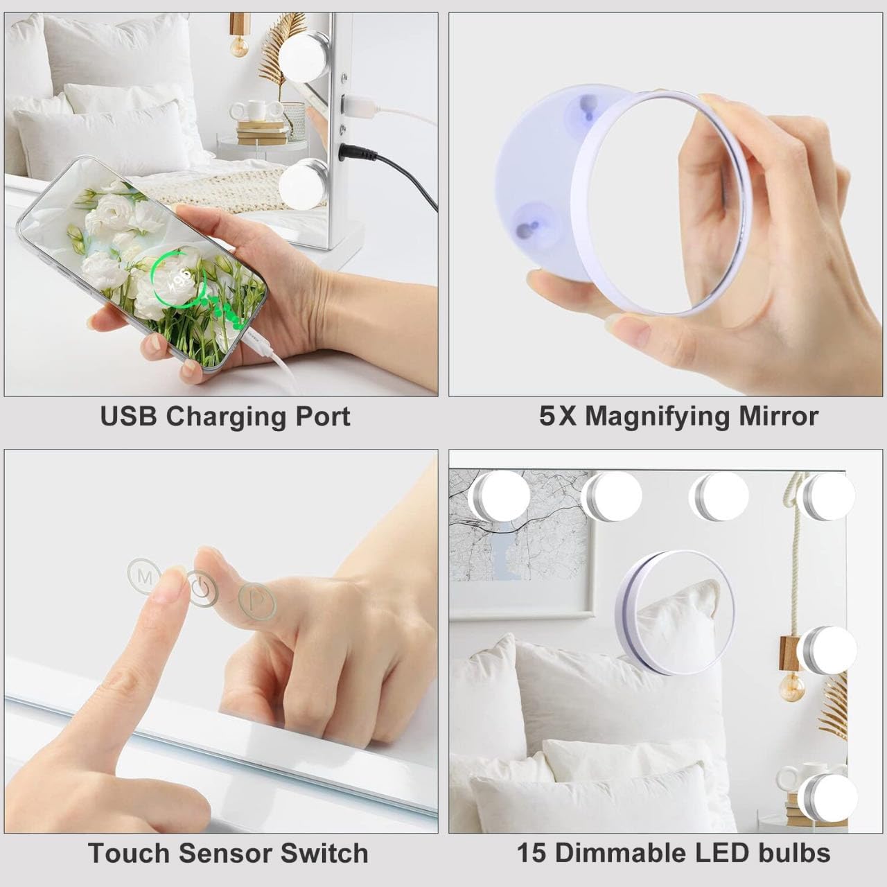 HIEEY Vanity Mirror with Lights, Hollywood Lighted Mirror with 15 Dimmable LED Bulbs, Makeup Mirror with Lights, and 5X Magnification Mirror, 3 Colors Modes,Touch Control, Metal Frame,White