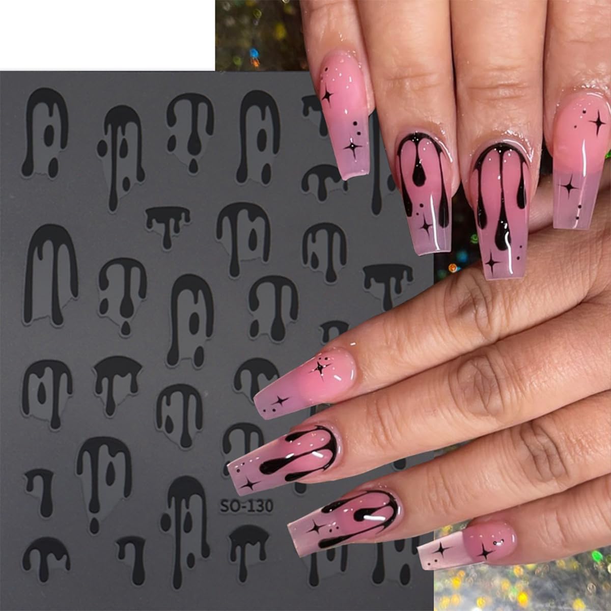 8 Sheets Halloween Nail Stickers Water Drop Blood Nail Decals French Tips Nail Art Stickers Black Gold Laser Design 3D Self Adhesive Sticker for Nail Holiday Manicure DIY Supplies for Women