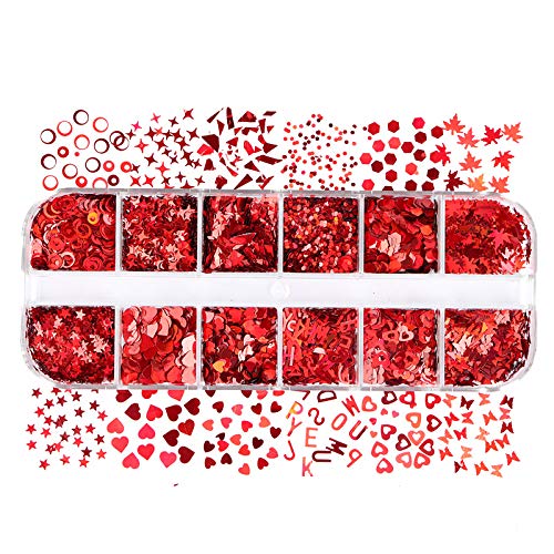 Valentine’s Day Glitter Nail Art Sequins 3D Laser Red Heart Glitters Nail Decals，Holographic Love Heart Letters Butterfly Stars Circle Nail Art Supplies for Women Manicure Charms Decorations 12 Grids