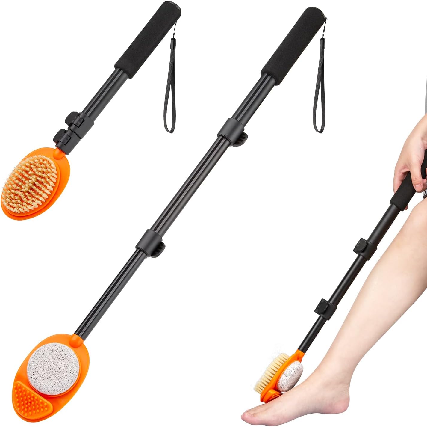 Foot Scrubber with Pumice Stone, 3 in 1 Adjustable Aluminum Tube 15”-28” Shower feet Dead Skin Remover, Foot Cleaning Brush for Seniors,Elderly, Disabled Men and Women