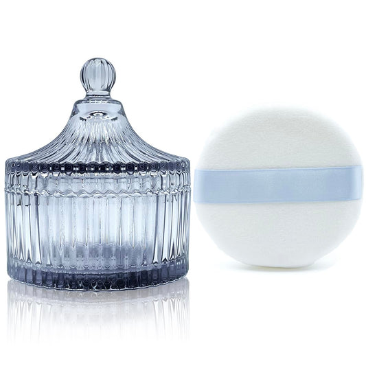 Ultra Soft Powder Puff and Container 3.3" High Density Velvet Dusting Washable Reusable Powder Puff,Body Powder Puff and Glass Jar Holder Loose Powder Box with Puff for Face Makeup(Gray)