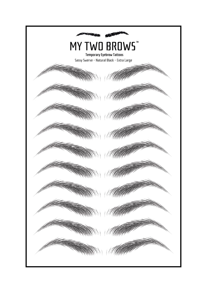 (10 pairs) Natural Black Temporary Eyebrow Tattoo - Extra Large Size - Waterproof & Smudgeproof - Sassy Swerve Style Eyebrow Stickers - Sheet Lasts up to 30 Days - Won't Work on Existing Brows