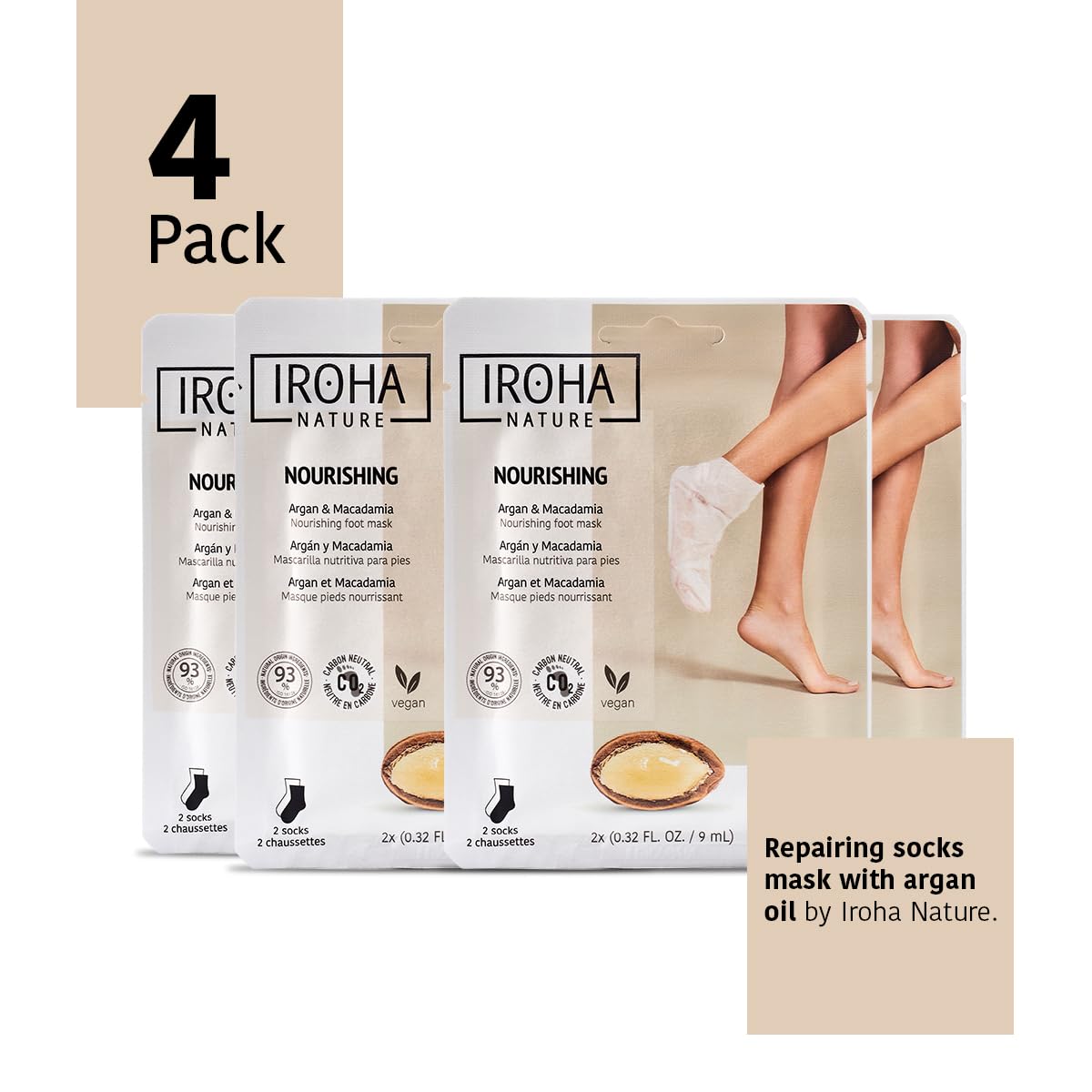 IROHA NATURE Nourishing Foot Mask Socks with Argan & Macadamia Oil | 4 Pairs | Intensive Treatment for Dry & Dehydrated Feet | Flash Effect | Natural & 100% Vegan