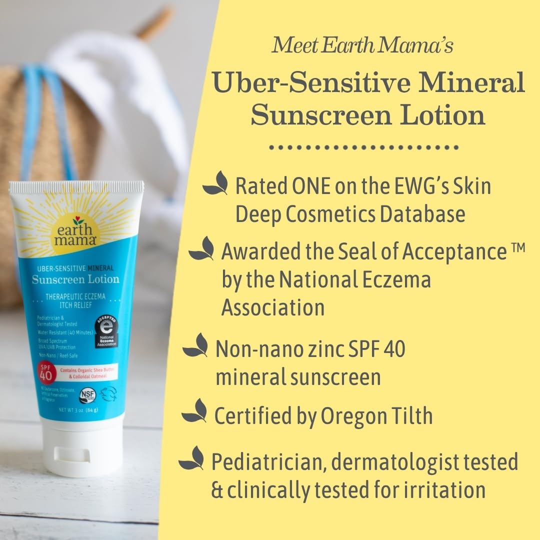 Earth Mama Uber-Sensitive Mineral Sunscreen Lotion SPF 40 | Non-Nano Zinc, Contains Organic Colloidal Oatmeal | Steroid-Free Eczema Cream for Baby, Kid & Family, 3-Ounce, 2-Pack