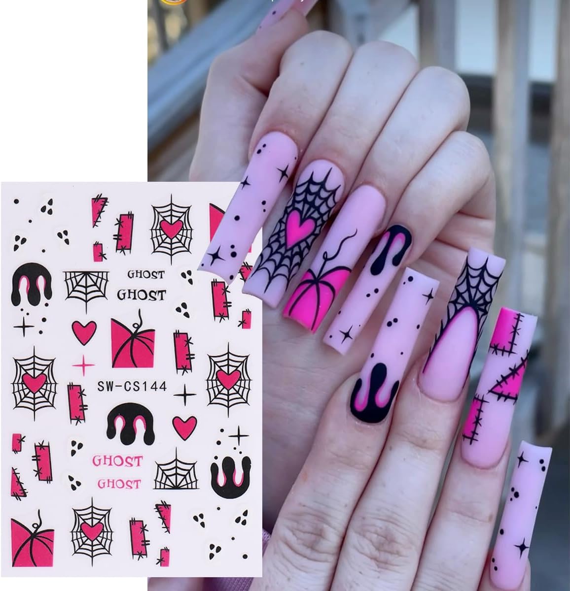 Halloween Nail Decals - 10 Sheets Self-Adhesive Nail Design Stickers with Pumpkin, Spider Web, Bleeding Nail Art, Spooky Ghost, Flowers, Boo Bat for Women DIY Halloween Nail Decor