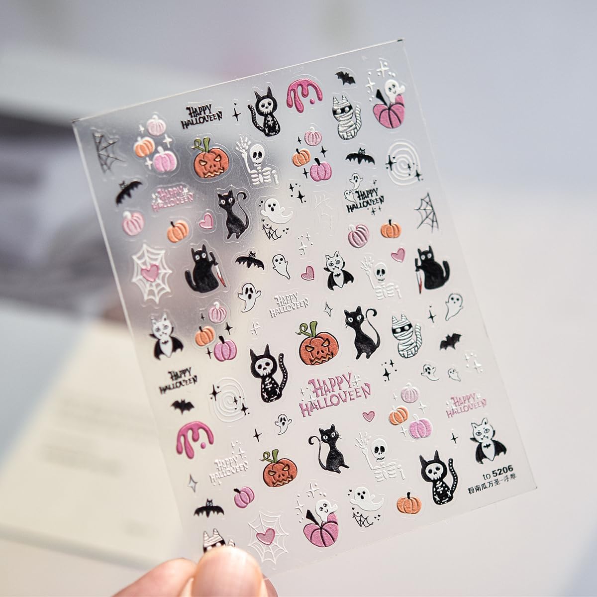 5D Embossed Halloween Nail Stickers Cute Pink Pumpkin Self-Adhesive Nail Art Pegatinas Uñas with Ghost Skull Cat Bat Designs Nails Decals Halloween DIY Manicure for Women Nails Art Decoration 1Sheet