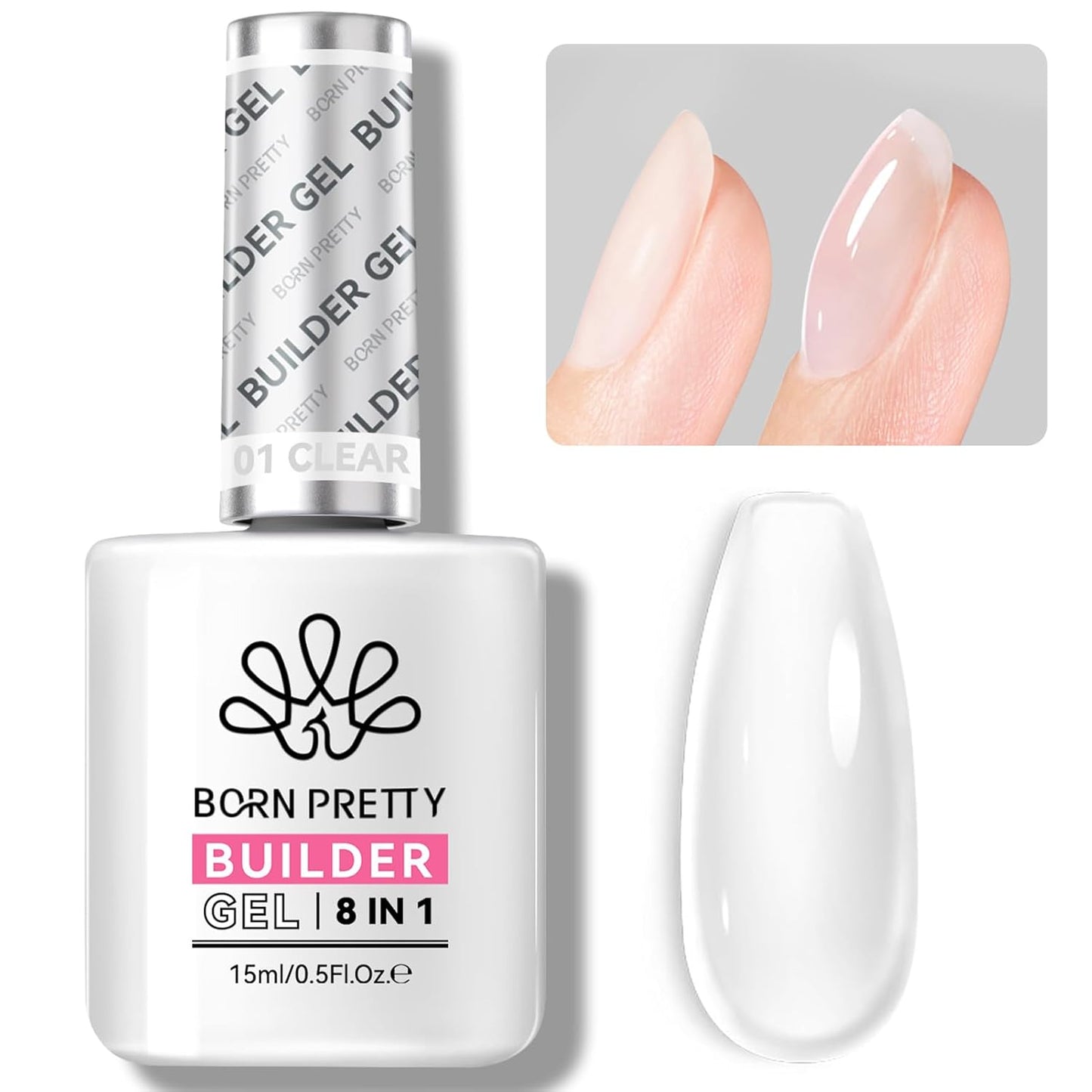 BORN PRETTY Builder Gel for Nails,8-in-1 Clear Builder Nail Gel for Nail Apex and Gel Extension Strengthener,Nail GLue Gel Hard Gel Base Rhinestone Nail Glue Gel in a Bottle 15ml