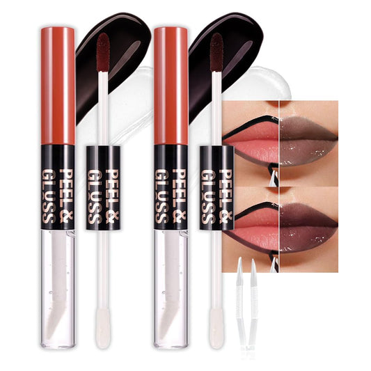 2Pcs Liquid Lip Stain Peel Off Lip liner and Lip oil with Tweezer, Dual-Ended Peel Off Lip Stain Tattoo, Highly Pigmented Long Lasting Waterproof, Transfer-proof for All Skin Types, 06#+07#