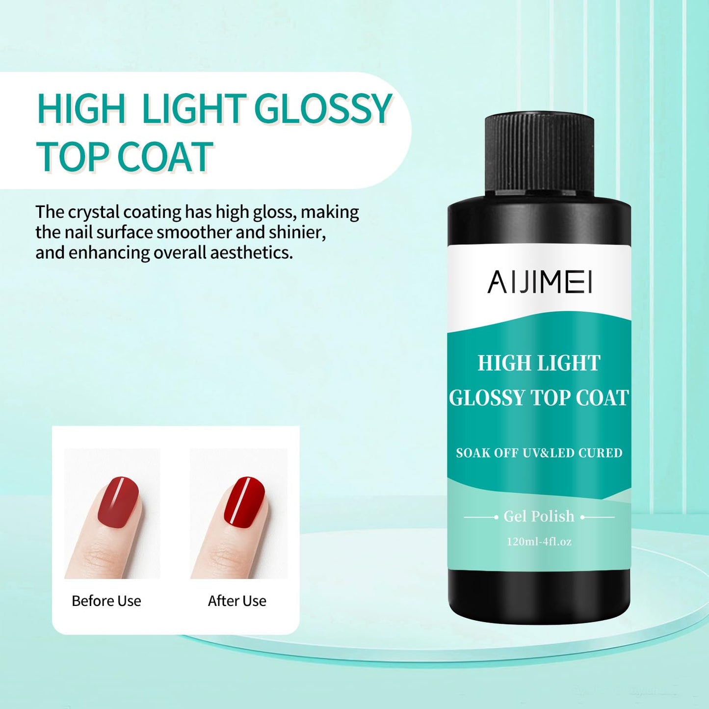 AIJIMEI 120ml High Shine Glossy Top Coat for Nails Long Lasting, Smooth TopCoat, High Light Glossy Top Coat for DIY Nail Art Use Enhance Your Manicure with Brilliant Reflection 4 Fl Oz