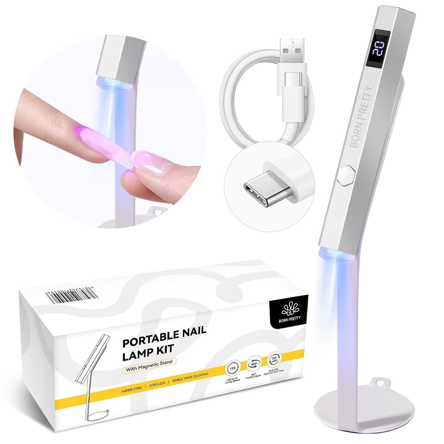 Born Pretty Handheld Magnetic U V Light for Nails, Metal Portable Mini Handheld U V Nail Light, Fast Curing U V Nail Dryer Nail Stamper Magnetic Stand Wireless Handheld LCD Display Screen