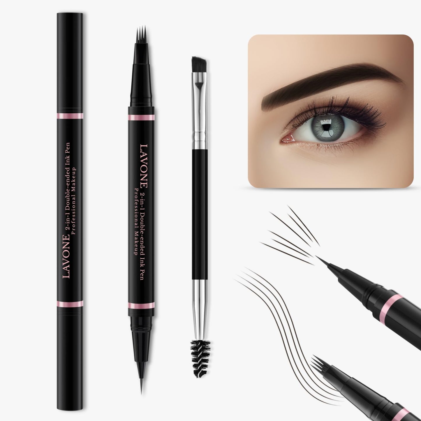 LAVONE Eyebrow Pencil Makeup Kit, with Waterproof 2-IN-1 Microblading Eyebrow Pen, Eyebrow Pomade, Eyeliner and Dual-ended Eyebrow Brush, Brow Pencil Kit for Natural Eyebrows - Ebony