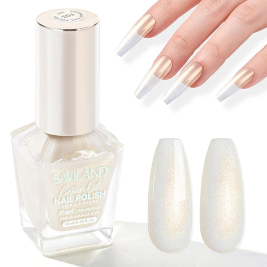SAVILAND Color Artistry Pearl White Gold Nail Polish - 7 Days Shimmer Glitter Fingernail Polish, Ultra Quick Dry & Long-Lasting Pearlescent Sheen Nail Lacquer Nail Art Effect Home Manicure Gift Women