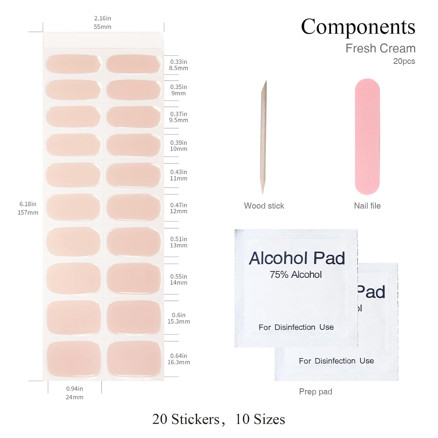 Semi Cured Gel Nail Strips, 20 PCS Gel Nail Stickers Work with UV Light, Salon Quality & Easy to Use - Fresh Cream