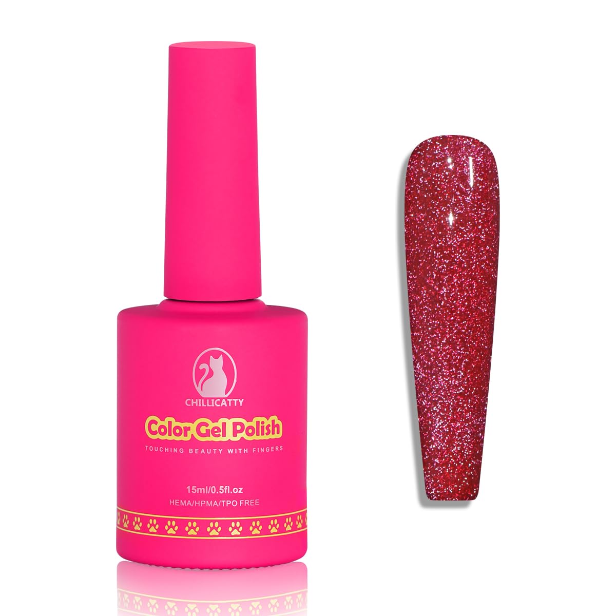 Reflective Glitter Gel Nail Polish, HEMA HPMA TPO Free, Hot Pink Flash Diamond Shimmer, Need UV Lamp Long Lasting Salon Perfect Gel Nail 15ML for Women (Dia-004)