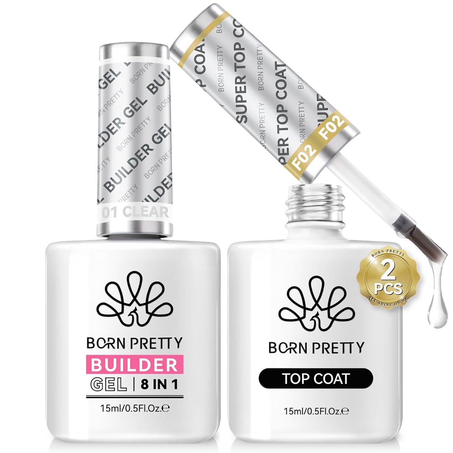 Born Pretty Glossy Top Gel, Clear Builder Nail Gel for Nails, 8 in 1 Nail Strengthener in a Bottle, Builder Extension Gel for Nails Shine Finish and Long Lasting Nail Protection Soak Off 15ml 2pcs