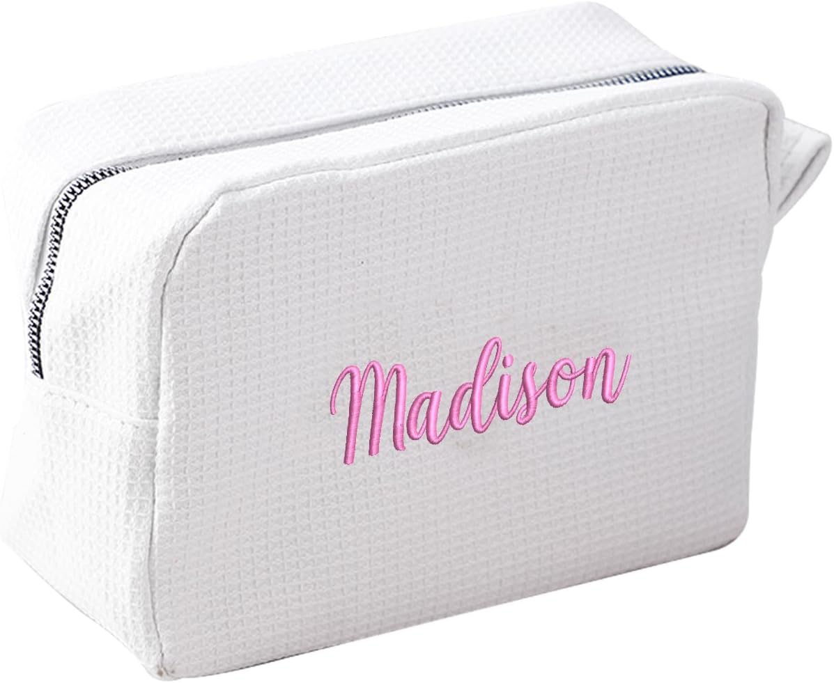 GOPHIE Personalized Embroidered Makeup Bag,Custom Waffle Fabric Cosmetic Pouch for Women, Travel Makeup Pouch (3, White)