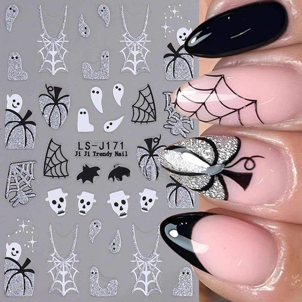 Halloween Nails Stickers Glitter Ghost Nails Sticker 3D Embossed Silver Gold Glitter Pumpkin Self Adhesive Sticker Nail Decals Web Nail Art Decal Halloween Decals for Nail DIY Manicure 4Sheet