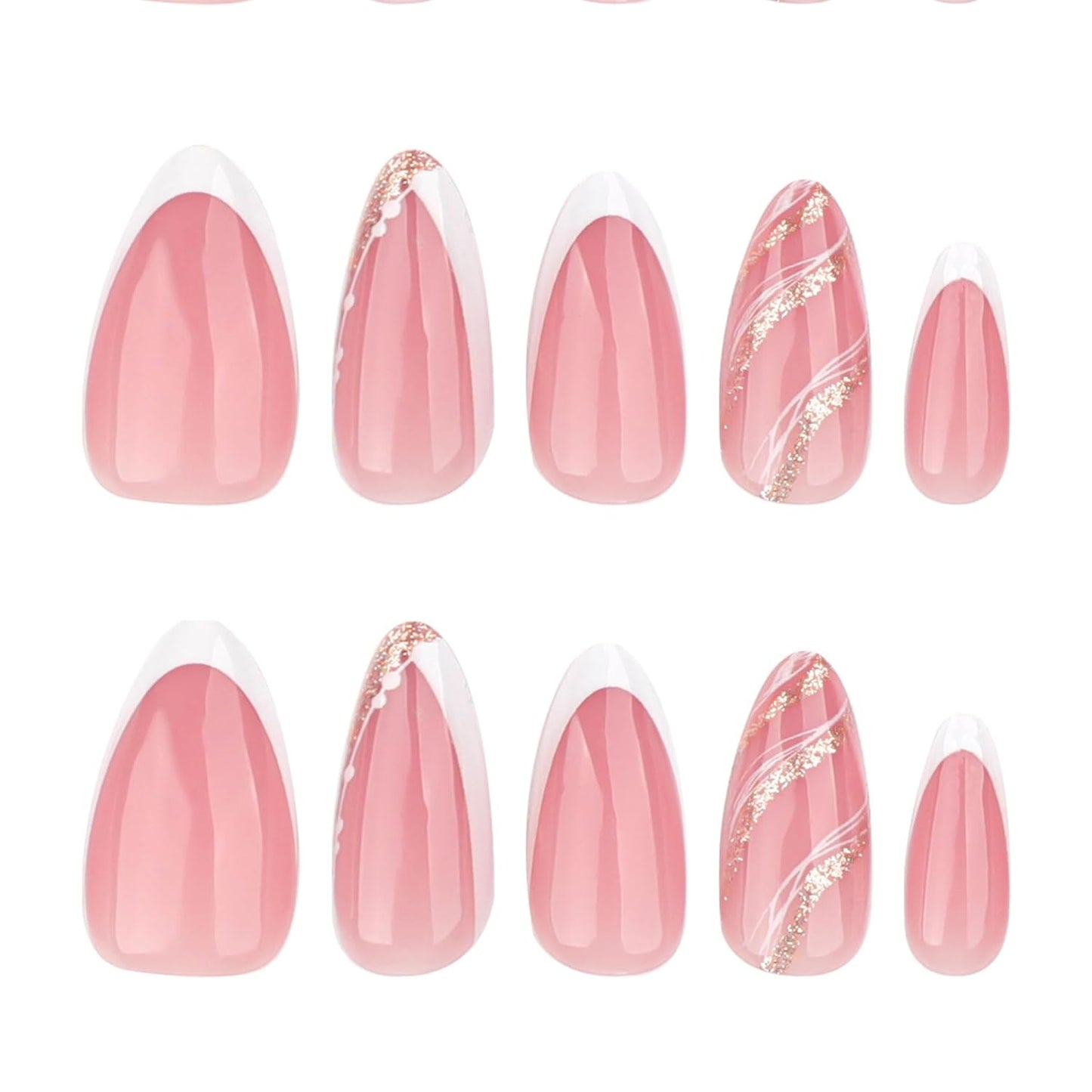 French Press On Nails Short Almond, Nude Fake Nails with White French Tip and Minimalist Gold Line Design, Glossy Gel Finish Acrylic Nails, Natural Reusable Glue On Nails Kit for Women, Luxe Line