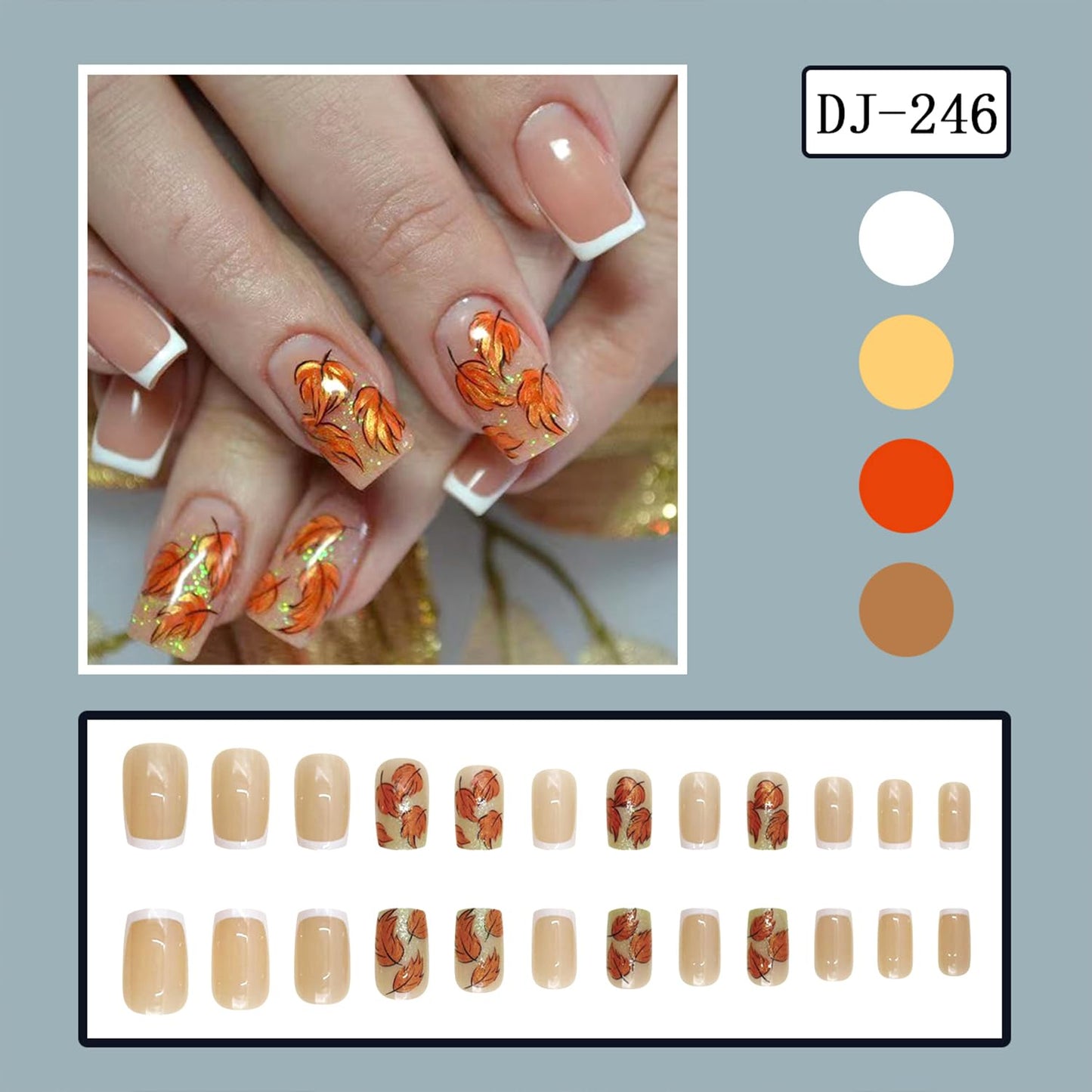 White French Tip Fall Press on Nails Medium Square Maple Leaf Fake Nails Glossy Thanksgiving Acrylic Glue on Nail Autumn Maple Leaves Artificial Stick on Nail for Women DIY Manicure