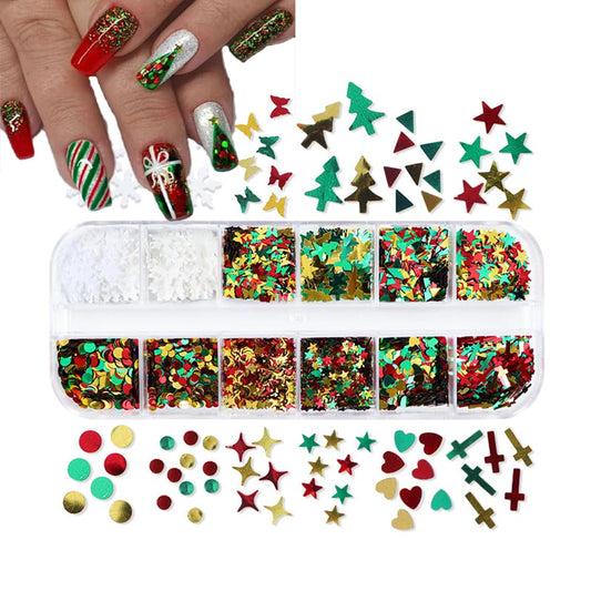 12 Grids Christmas Nail Art Sequins 3D Holographic Laser Snowflake Star Butterfly Winter Holiday Nail Glitters Red Green White Gold Nail Sparkly Flakes Nail Charms for DIY Christmas Nail Designs