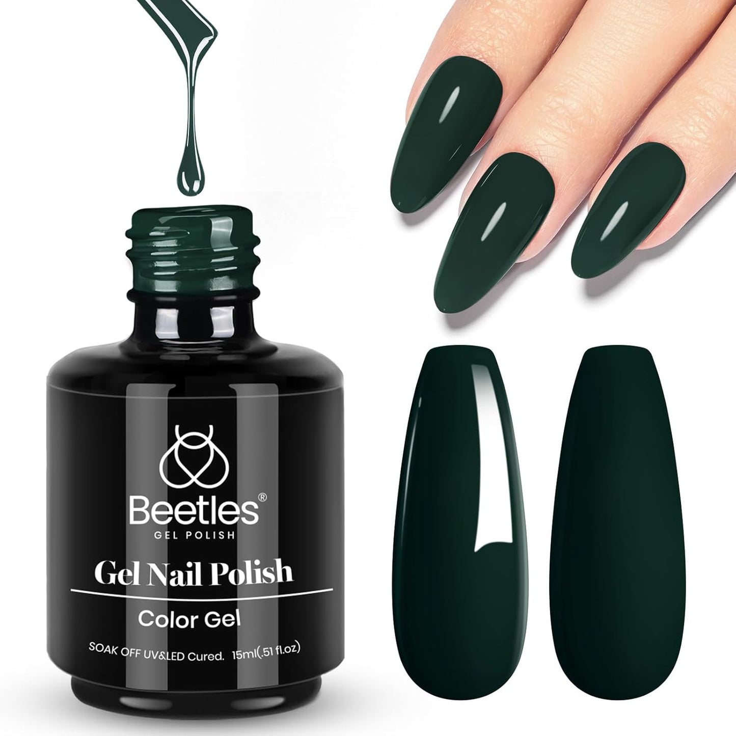 Beetles Green Gel Nail Polish, 15ML 0.51OZ Dark Green Color Soak Off UV Nail Lamp Forest Color Gel Polish Manicure Salon DIY Nail Art Design Decoration at Home Gift for Women