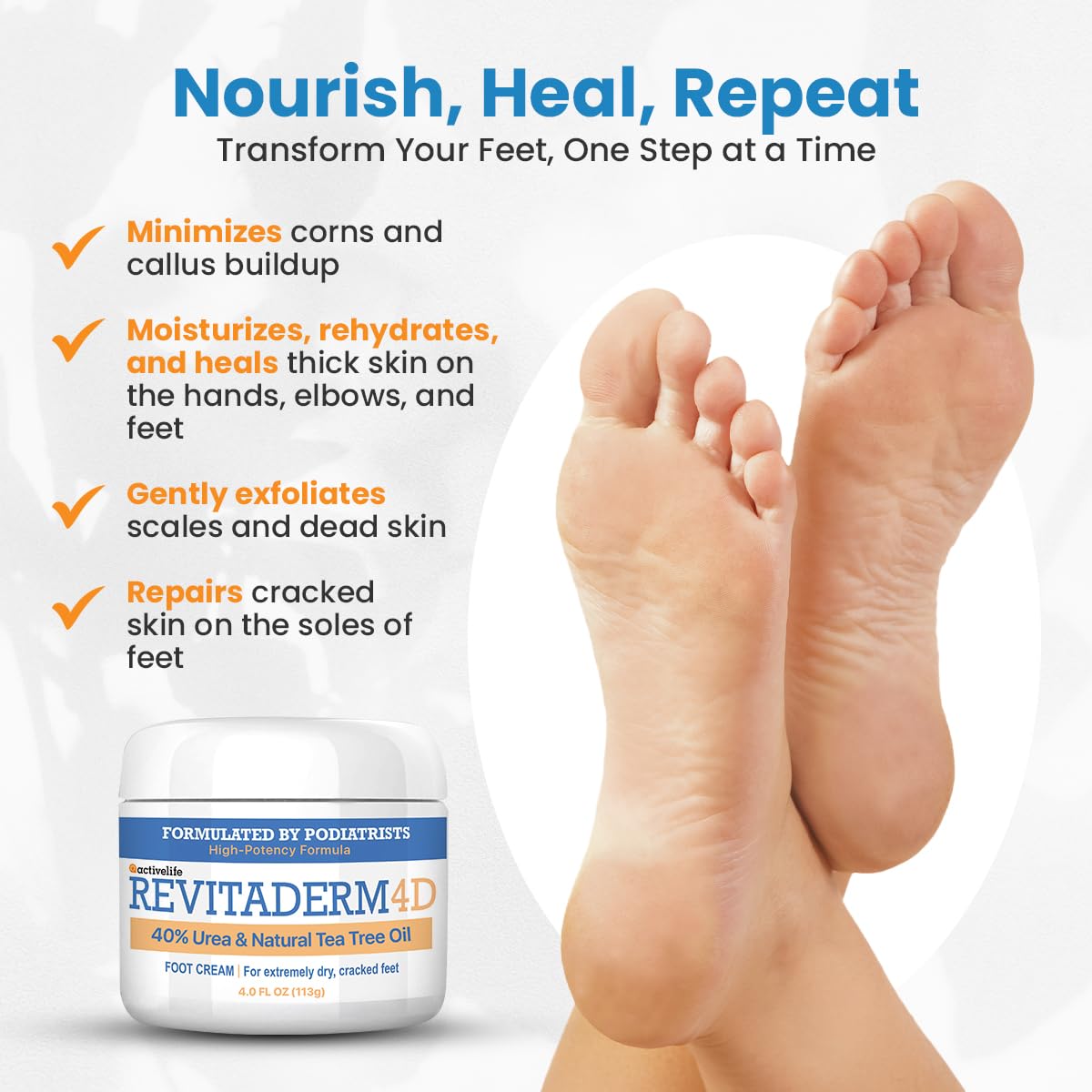 Revitaderm 4D Urea Cream 40% for Feet, Intensive Moisturizing Foot Cream for Dry, Rough, Callused Skin, Includes Free Pumice Stone and Exfoliating Brush, Fast-Absorbing, Fragrance-Free, 4oz, 1 Pack